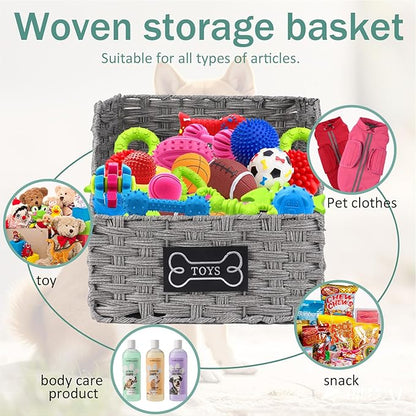 Dog Toy Storage Basket,Rattan Weave Organizer Bin for Dogs Cats,Collapsible Puppy Toys Box with Wire Frame, Easy-Access(Grey)