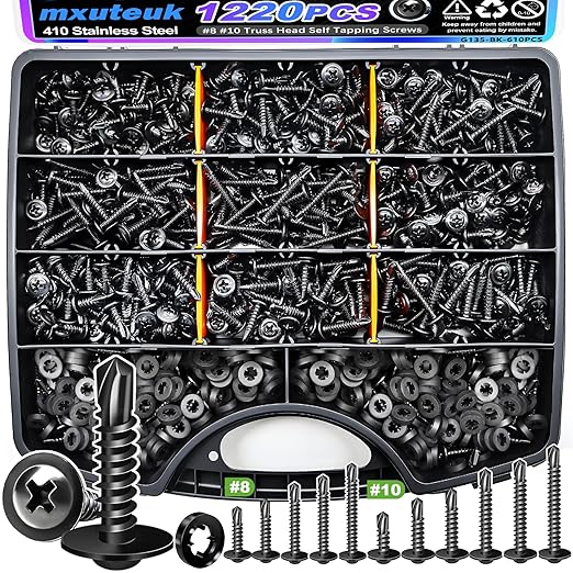 mxuteuk 1220PCS #8#10 Black Self Tapping Screws,410 Stainless Steel Self Drilling Screws for Metal,1/2" to 1-1/2" Truss Head Self Tapping Screw for Metal,Plastic,Wood (610PCS Screw+610PCS Washers)
