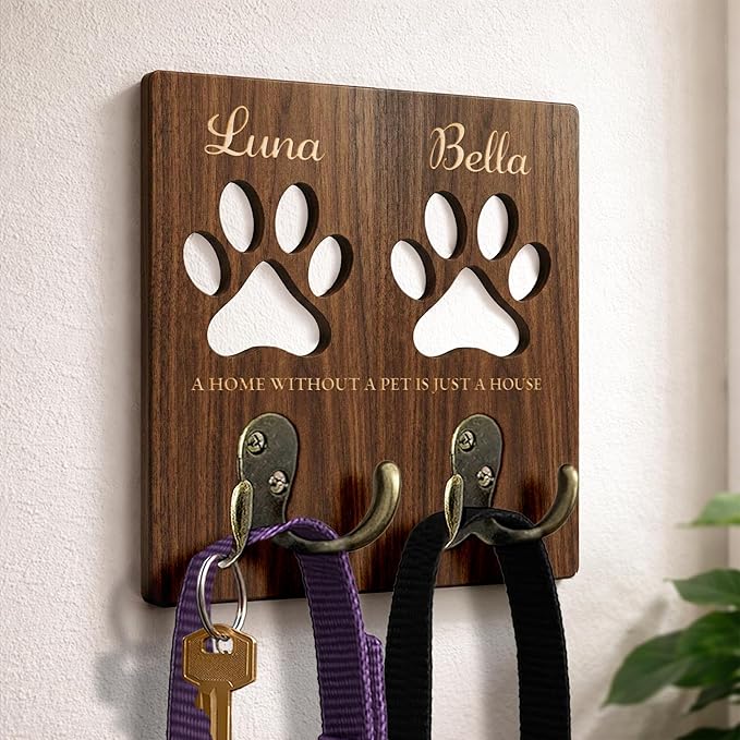 Personalized 2 Pack Dog Leash Holder for Wall Mount, Custom Name Paw Print Wooden Hook, Dog Collar and Harness Organizer, Key and Leash Holder for Entryway, Gift for Dog Lovers
