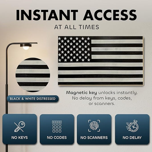 American Flag Hidden Gun Safe - Quick Access Hidden Gun Shelf - Concealment Shelf with Magnetic Lock - Wall Gun Safe for Secure Firearm Storage - by Bellewood Designs (Black & White Distressed)