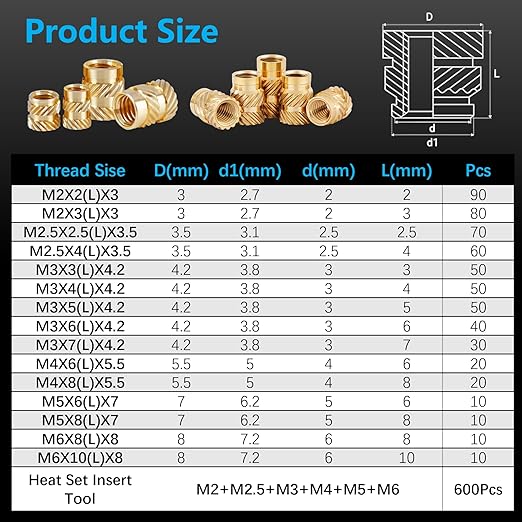 600+7Pcs M2 M2.5 M3 M4 M5 M6 Premium Brass Threaded Inserts, Metric Brass Knurled Nuts Assortment Kit, with Heat Set Insert Tool, for Plastic and 3D Printing Components, All-in-one Solutions