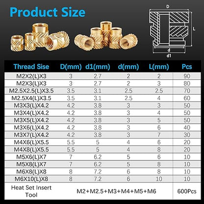 600+7Pcs M2 M2.5 M3 M4 M5 M6 Premium Brass Threaded Inserts, Metric Brass Knurled Nuts Assortment Kit, with Heat Set Insert Tool, for Plastic and 3D Printing Components, All-in-one Solutions