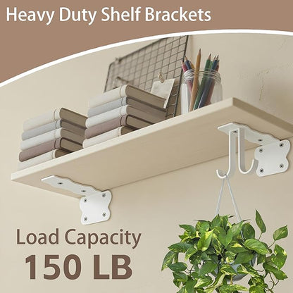 SOGAL 5 Inch Shelf Brackets with 4 Hooks, White Floating Shelf Bracket Invisible Supports 4 Pack