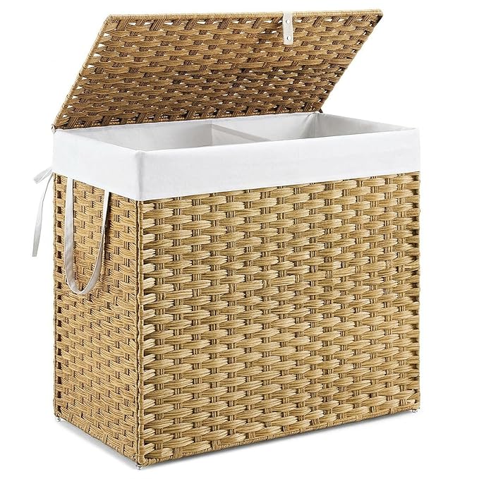 DUMOS Woven Laundry Basket with Lid, 110L Large Capacity Hamper, Removable & Machine-Washable Liner, Foldable Rattan Clothes Hamper, Sturdy Steel Frame, Odor Control, Goose Yellow