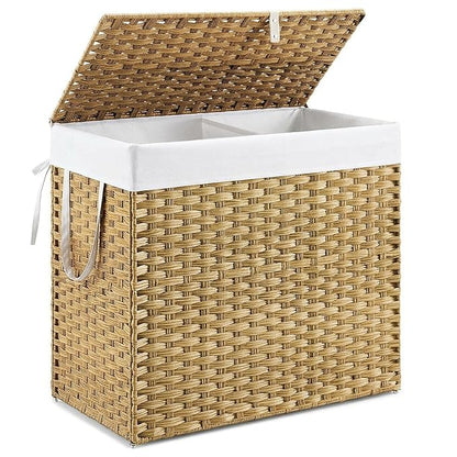 DUMOS Woven Laundry Basket with Lid, 110L Large Capacity Hamper, Removable & Machine-Washable Liner, Foldable Rattan Clothes Hamper, Sturdy Steel Frame, Odor Control, Goose Yellow