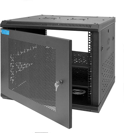9U Wall Mount Server Cabinet with A Lockable Front Vented Door, Cooling Fans, Removable Side Panels - 60cm Depth, 19" Network Rack Including 2 PCS Full-Size Rack Shelves for IT Equipment