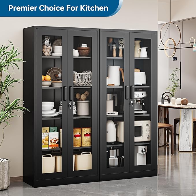 Display Cabinet with Glass Doors, 71 Inches Metal Display Case with 4 Adjustable Shelves, Curio Storage Cabinet with Lock for Home, Office, Book, Pantry, Assemble Required (Black)