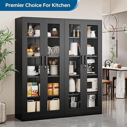 Display Cabinet with Glass Doors, 71 Inches Metal Display Case with 4 Adjustable Shelves, Curio Storage Cabinet with Lock for Home, Office, Book, Pantry, Assemble Required (Black)