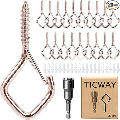 20 PCS Ceiling Hooks for Hanging Plants,Screw Hooks for Wind Chimes,Bird Feeder,Lanterns,Christmas Decorations Outdoor String Lights (Rose Gold)