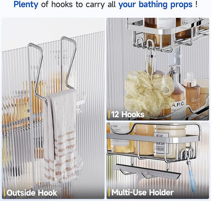 Shower Caddy Over the Door Organizer: Bath Rack Hanging Over Glass with Hooks - Storage Shelf Inside Bathroom for Shampoo - Sliver