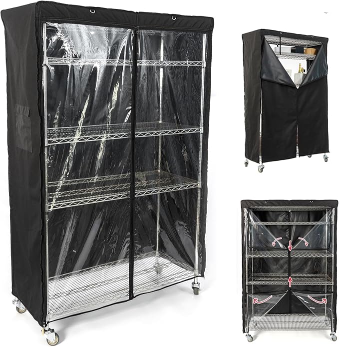 YLOVAN Storage Shelf Cover Wire Rack Shelving Dust Protective, Fits Racks 48" L x 19'' D x 72'' H Black with One Side See Through Panel (Cover only)