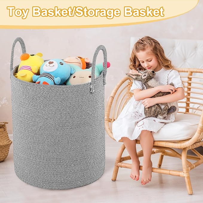 Large Woven Laundry Basket Hamper,60L Cotton Rope Storage Baskets for Blankets in living room,Decor Tall Laundry Bin for Toys Storage,Clothes Basket,Baby Basket,White and Blue