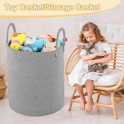 Large Woven Laundry Basket Hamper,60L Cotton Rope Storage Baskets for Blankets in living room,Decor Tall Laundry Bin for Toys Storage,Clothes Basket,Baby Basket,White and Blue