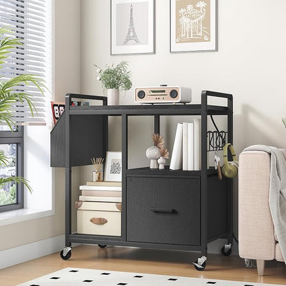 HOOBRO Printer Stand with Charging Station, Printer Shredder Stand with Wheels and File Drawer, Industrial Printer Cart, Mobile Table with Fabric Storage Pouch, for Home Office, Black BB09UPS01