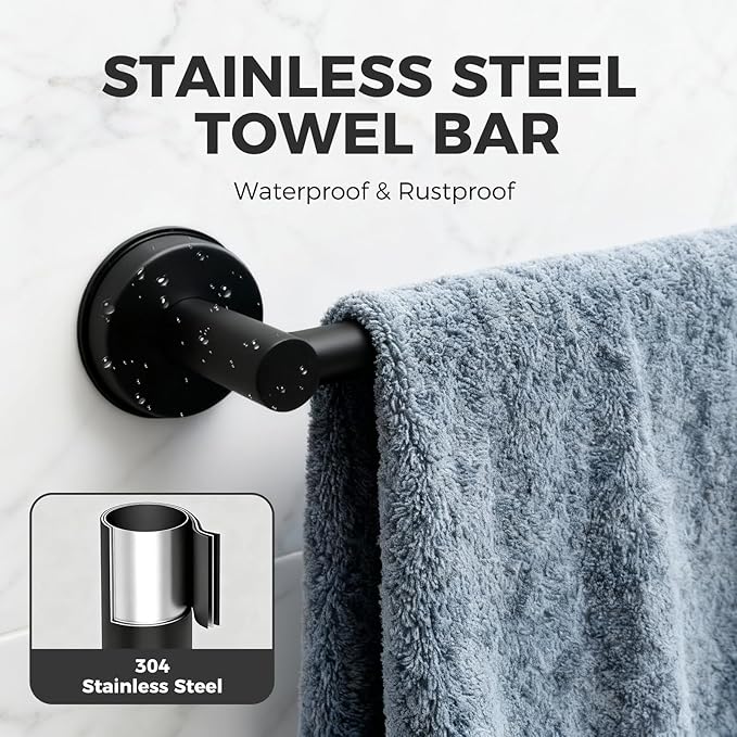 Adjustable Suction Cup Towel Bar for Bathroom Wall,17 Inch~29 Inch Towel Racks for Bathroom,Stainless Steel Bath Towel Holder for Shower(Matte Black)