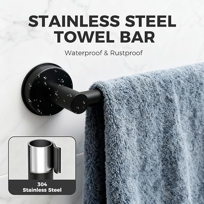 Adjustable Suction Cup Towel Bar for Bathroom Wall,17 Inch~29 Inch Towel Racks for Bathroom,Stainless Steel Bath Towel Holder for Shower(Matte Black)