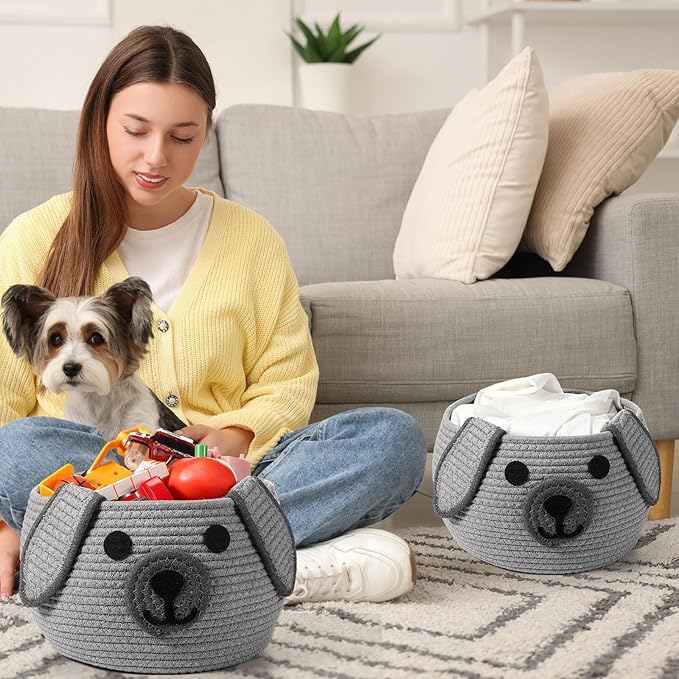 Zopeal Dog Woven Basket Cute Woven Cotton Rope Puppy Animal Storage Basket for Laundry Toy Gift(Gray,13 x 8 Inch)