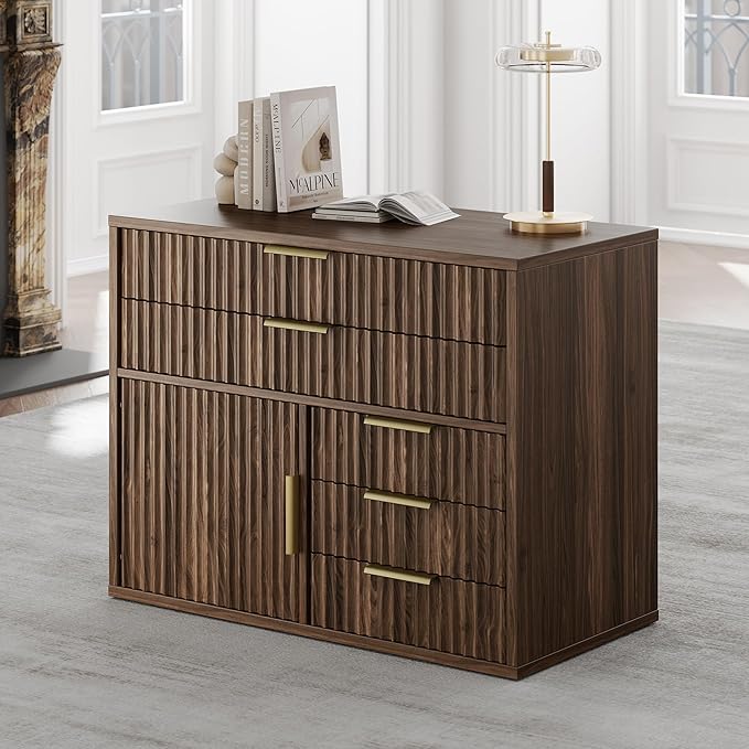 Fluted File Cabinet with 5 Drawers, Large Storage with Cabinet Door, Mobile Filing Cabinet with Locable Wheels for Home Office, Black Walnut