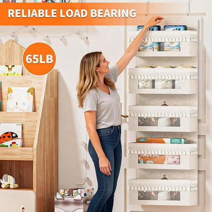 Aokeyee 5 Tier Over The Door Organizer Storage Nursery, Boho Door Organizer Hanging with Tassels and Clear Window, 65lb Behind The Door Storage for Baby Nursery, Bedroom, Bathroom, Laundry, Pantry