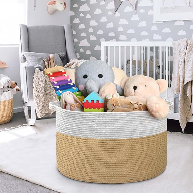 Extra Large Storage Basket, 22” x 22” x 14” Cotton Rope Bins for Storage, Wicker Baby Laundry Basket, Kids, Woven Kids Toy Bin Box, Decorative Baskets for Organizing Clothes, Towels, Blankets