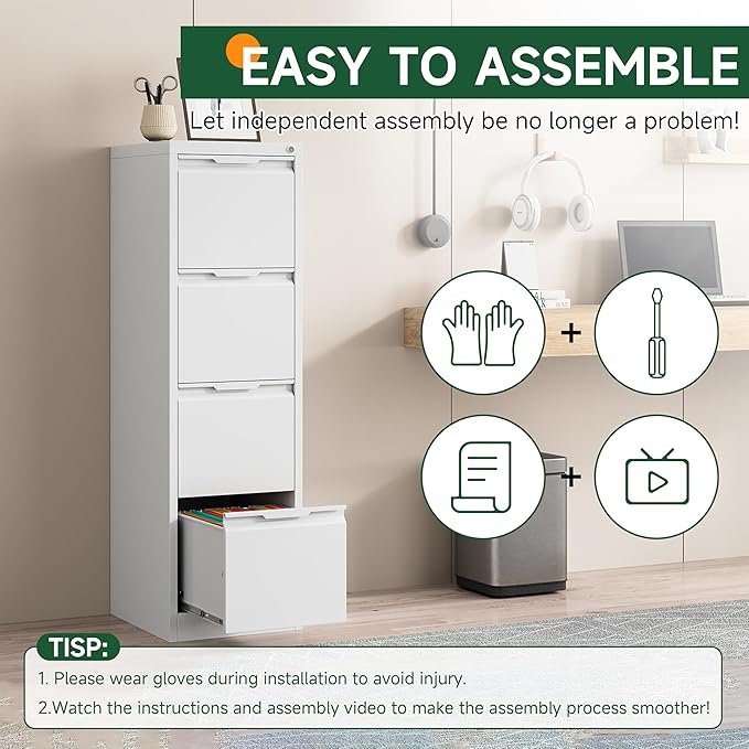 4 Drawer File Cabinet, Tall Vertical Filing Cabinets for Home Office, Locking Metal File Cabinet for Letter/Legal/A4/F4 Size, Assemble Required