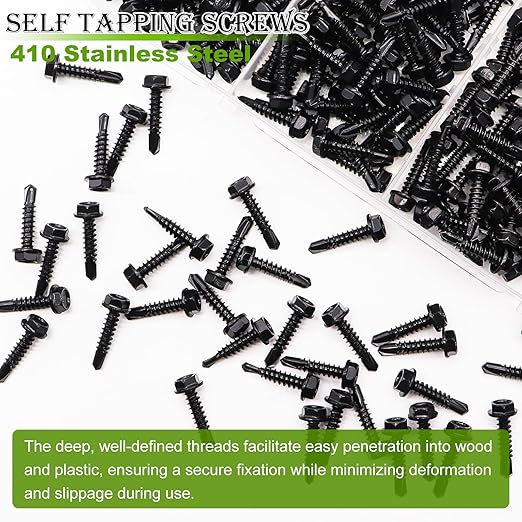 mxuteuk #8×3/4" Self Tapping Screws,410 Stainless Steel Self Tapping Screws for Metal,Self Drilling Screws,Hex Washer Head Screws Suitable for Wood, Metal or Tough Materials (180PCS)