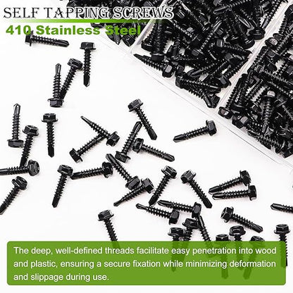 mxuteuk 300PCS #8#10 Self Tapping Screws,410 Stainless Steel Self Drilling Screws,Black Zinc Hex Washer Head Sheet Metal Screws Suitable for Wood, Metal or Tough Materials(150pcs Screw+150pcs Washer)