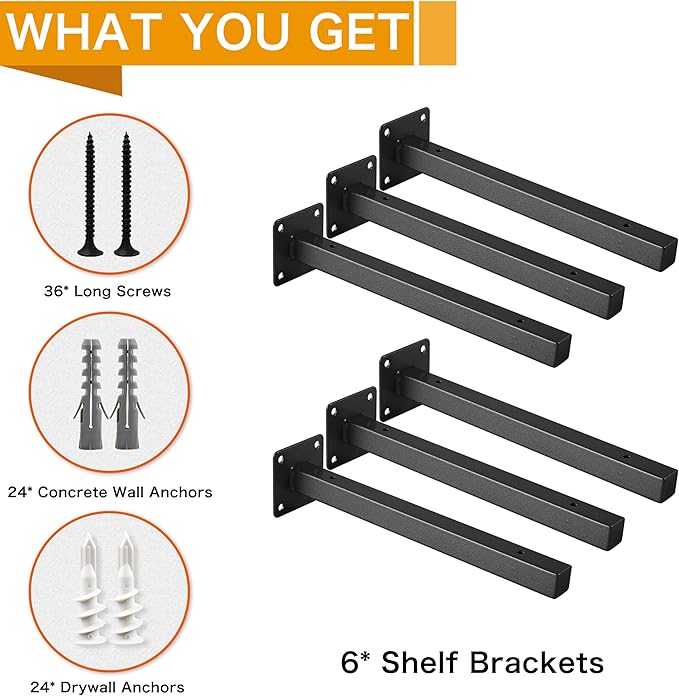 6 Pcs Black Shelf Bracket 10 Inch Heavy Duty Brackets for Shelf Metal Wall Floating Shelving Brackets Industrial Shelf Brackets for Space Saving