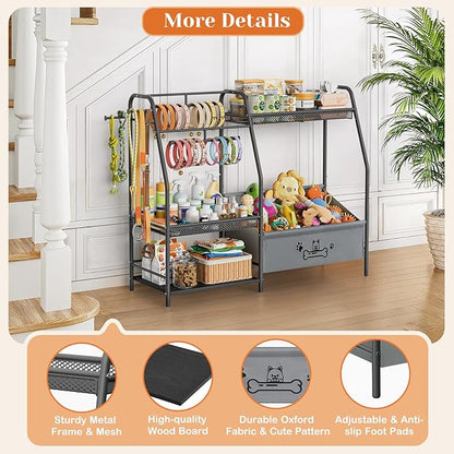 Large Dog Toy Basket with Dog Storage Organizer, Trapezoid Toy Bin Box with Collar Leash Holder Hook, Dogs Toy Holder Chest Pet Storage Cabinet for Living Room Dogs Essentials