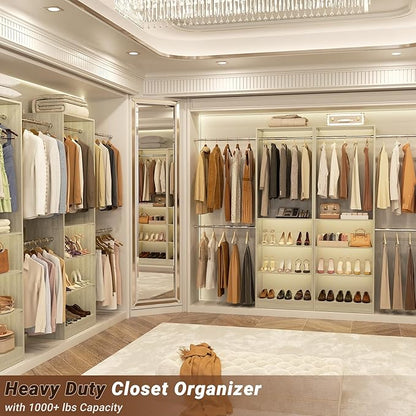 Homieasy Closet Organizer System, 4.5-10ft Modular Wooden Storage with 5 Hanging Rods & Shelving Tower, Adjustable for Walk-in Reach-in Bedroom Closets, Light Oak