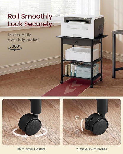 VASAGLE Printer Stand, Rolling Printer Cart, Under Desk Table, Mobile with Lockable Wheels, Steel Frame, for Home Office, 2 Storage Shelves Removable Drawer, 3-Tier, Ebony Black UOPS007BE01S