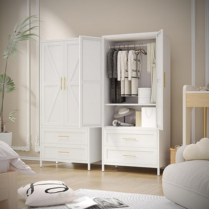 Aobabo Metal Wardrobe Cabinet with 2 Drawer, 71" H Metal Armoire Wardrobe Closet with Adjustable Shelf and Hanging Rod for Home, Laundry Room, Office, Installation Required, White