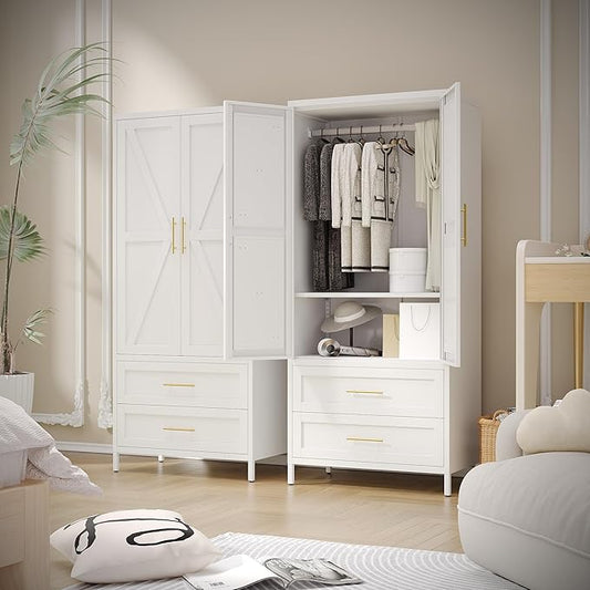 Aobabo Metal Wardrobe Cabinet with 2 Drawer, 71" H Metal Armoire Wardrobe Closet with Adjustable Shelf and Hanging Rod for Home, Laundry Room, Office, Installation Required, White