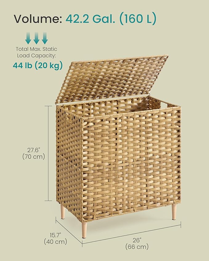 SONGMICS 3-Section Laundry Hamper with Lid, 42.2 Gal (160L) PE Rattan Laundry Basket with Removable Washable Liners, for Bedroom & Living Room, Goose Yellow ULCB223YE01