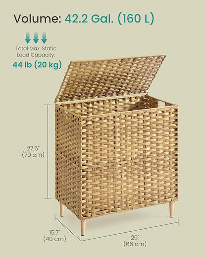 SONGMICS 3-Section Laundry Hamper with Lid, 42.2 Gal (160L) PE Rattan Laundry Basket with Removable Washable Liners, for Bedroom & Living Room, Goose Yellow ULCB223YE01