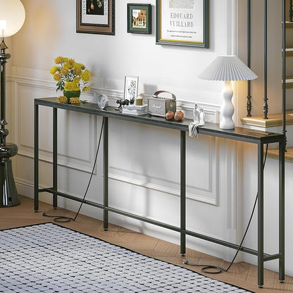 94.5" Behind Couch Table with 2 Fast Charging Stations, 7.1" Narrow Skinny Sofa Table with 4 Power Outlets, 4 USB-A, 2 USB-C for Console Entryway, Black