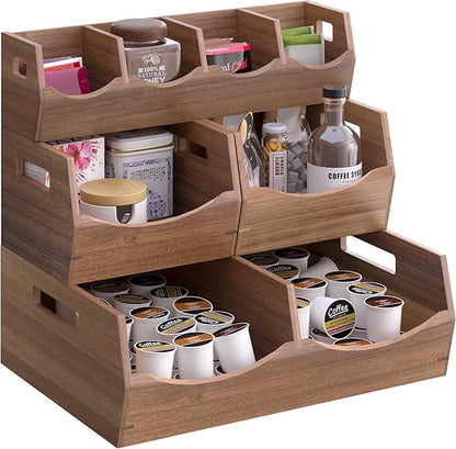 Seville Classics Acacia Wood Premium Organizer Storage Bins for Kitchen Silverware, Pantry, Closet, Office Desk, Pens, Utensils, Makeup, K Cup, Acacia, Stackable Bin Set (4 Piece)