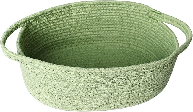 Small Woven Gift Basket, Baskets for Gifts Empty, Cotton Rope Cat Dog Toy Bin Box, Nursery Baby Basket, Wicker Basket with Handles, Shelf Storage Basket for Home Decor, Green, 12"x 8"x 5"