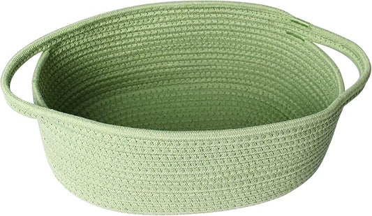 Small Woven Gift Basket, Baskets for Gifts Empty, Cotton Rope Cat Dog Toy Bin Box, Nursery Baby Basket, Wicker Basket with Handles, Shelf Storage Basket for Home Decor, Green, 12"x 8"x 5"
