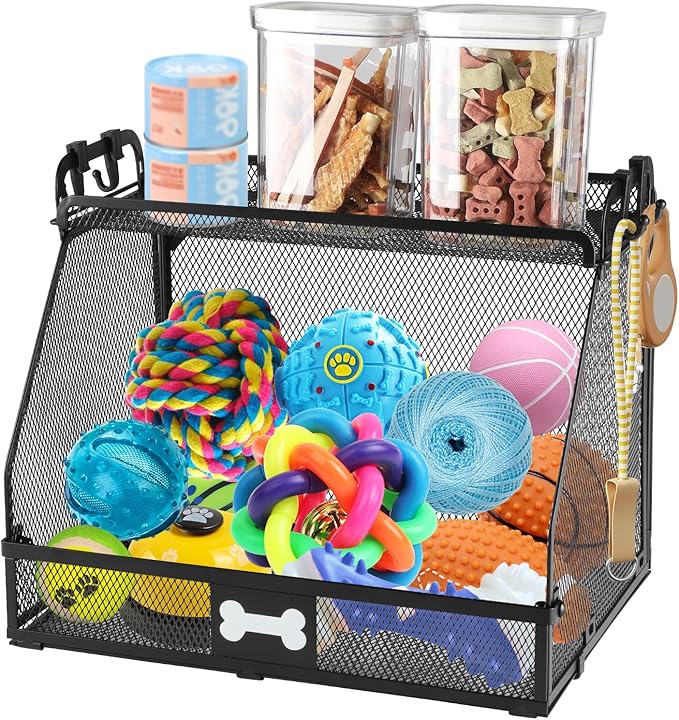 Large Metal Dog Toy Basket, Multifunctional Basket for Dog Toys Storage Organizer, Treats, Collars, Can Hold Leashes, Living Room Storage Box Bin for Dogs Supplies– Durable & Chewproof