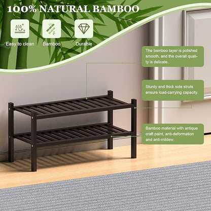 2 Tier (Thick) Bamboo Shoe Rack for Closet Free Standing Wood Shoe Shelf for Entryway Small Space Stackable 27"x12"x14" (Black Brown)