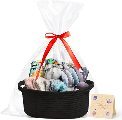Small Woven Black Gifts Basket for Storage Empty with Ribbons and Bags Durable Cute Gifts 12"X 8" X 5" Small Rope Basket for Gifting
