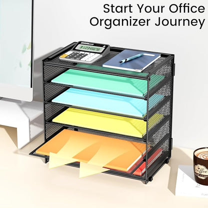 2 Pack 6 Tier Paper Organizer, Metal Mesh Desk File Folder, Letter Tray Organizer, Paper Sorter Desk Organizers for Office, Home or School File Folder Holder - Black