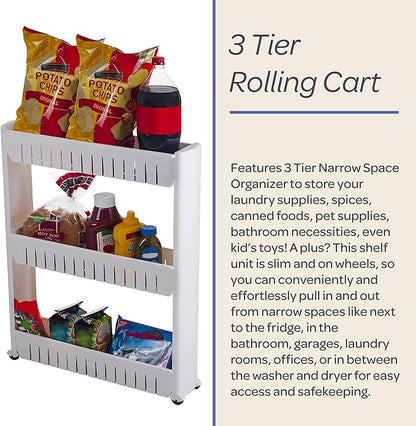 Lavish Home 3 Tier Shelf Rolling Cart - Narrow-Space Kitchen or Bathroom Shelf Organizer Cart - Slim Slide-Out Storage Shelves for Kitchen, Bathroom, Laundry and Pantry