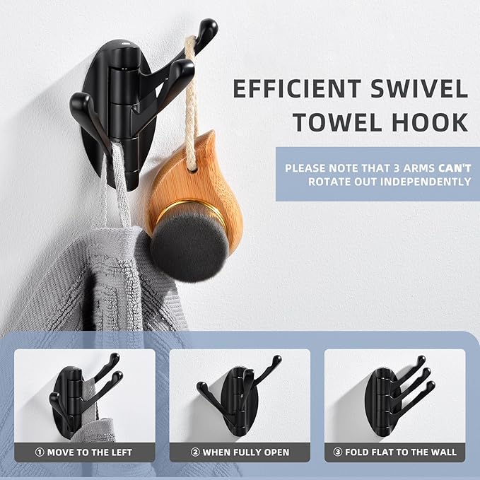 Angle Simple Folding Towel Hook Matte Black, Metal Swivel Robe Hook, Bathroom Towel Holder, Clothes Coat Holder for RV Home Storage, Wall Mount