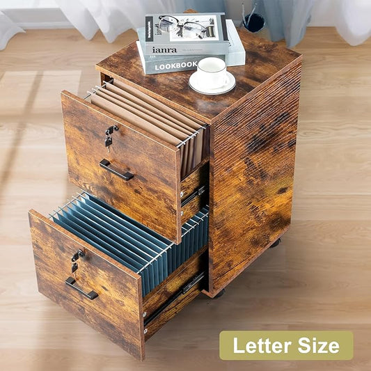 VINGLI 2-Drawer Small Rolling File Cabinet with Lock, Wood Filing Cabinet for Hanging Letter Size Filings with Tabs, Mobile Under Desk File Cabinets for Home Office, Rustic Brown, 27.2" H
