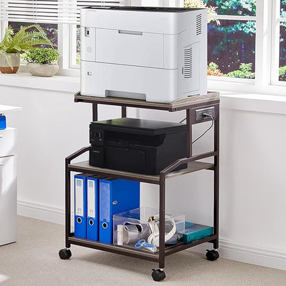 Lauren&Harold 34'' Printer Stand with Power Outlets & USB Ports, 3-Tier Adjustable Rolling Cart, Heavy Duty 150LBS Storage Table with Wheels for Office, Kitchen, Living Room, Grey/Bronze