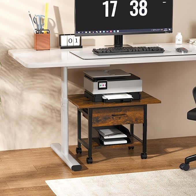 Aetheris Heavy-Duty Printer Stand with Locking Wheels, 2 -Tier Under Desk Table with Storage Drawer, Large Rolling Cart, Printer Table, Fits Printer Scanner Fax Machine, 22" x 15" x 18.3", Brown