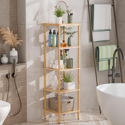 AmazerBath 5-Tier Bamboo Bathroom Shelf, Bathroom Standing Shelves, Multifunctional Shelving Unit for Living Room Bedroom Kitchen, Natural Color