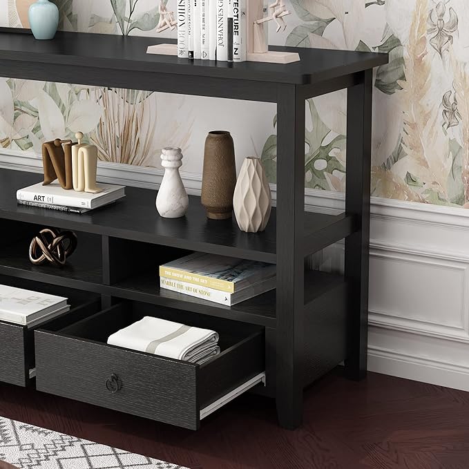 VINGLI 58" Console Table, Long Entryway Table with 3 Drawers & 2 Storage Shelves, Vintage Sofa Table Behind Couch, TV Stands for Living Room, Entryway, Hallway, Foyer, Office, Black